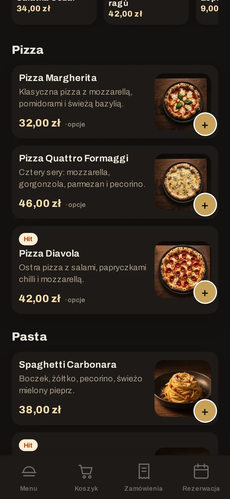 Lista dań w menu lokalu pokazowego: Pizza Margherita, Quattro Formaggi i Diavola oraz Spaghetti Carbonara, każde ze zdjęciem, opisem i ceną.